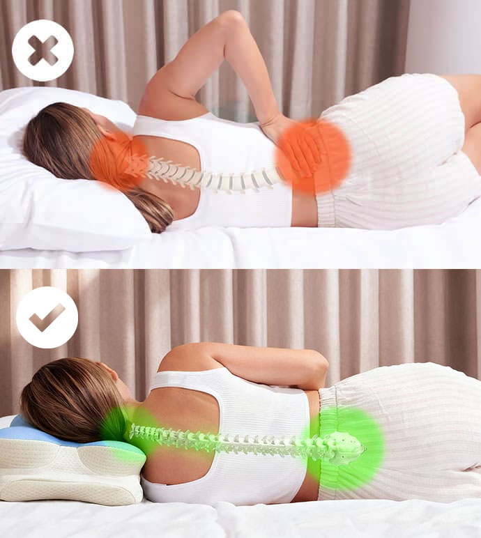 Comparison of poor spine alignment on a flat pillow versus supported alignment on the Melara Max contour pillow