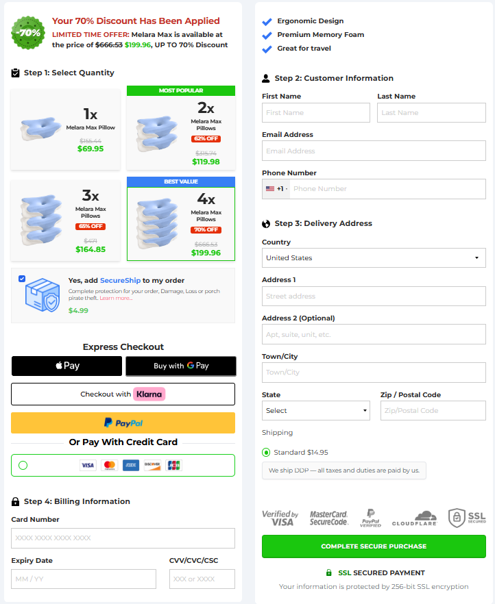 Melara Max official checkout page showing the 1x, 2x, 3x and 4x pillow pricing tiers and discounts