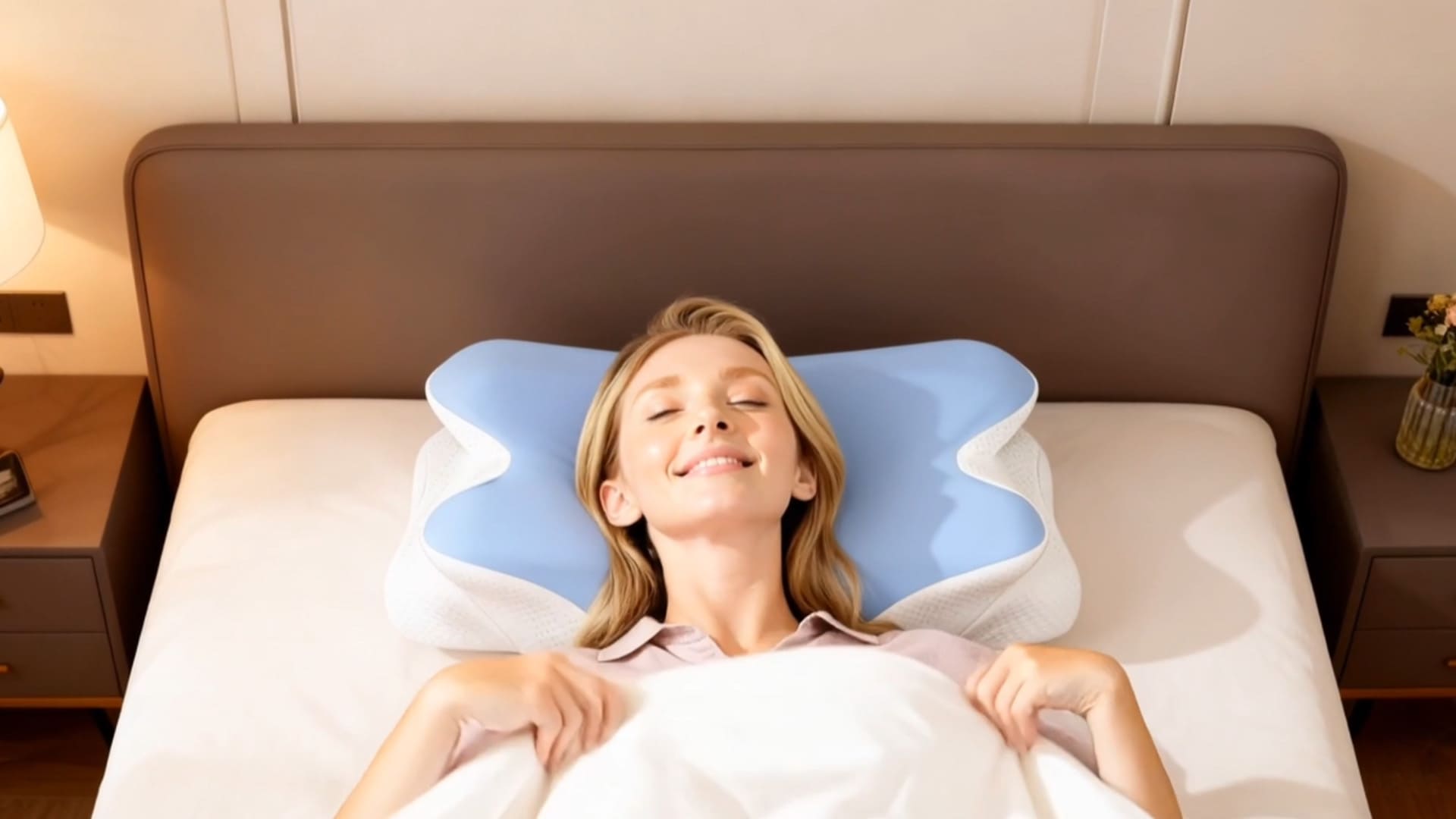 Woman sleeping happily on the Melara Max contour pillow, viewed from above