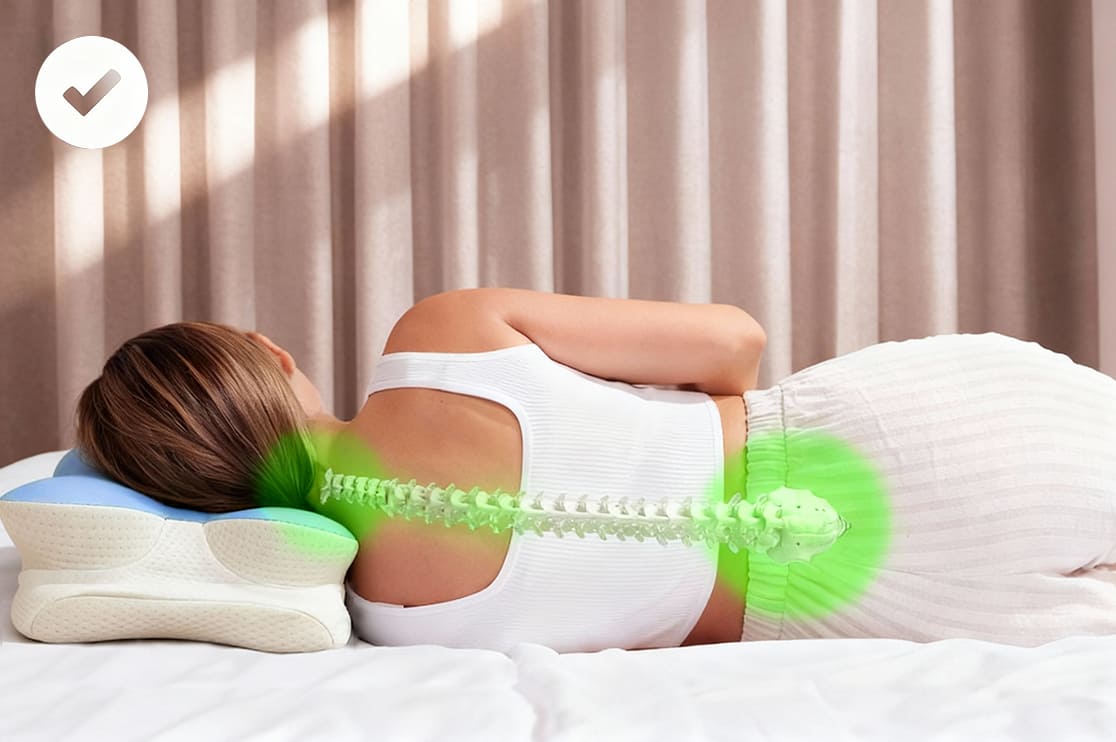 Woman sleeping on her side on the Melara Max pillow with her spine in a neutral, aligned position